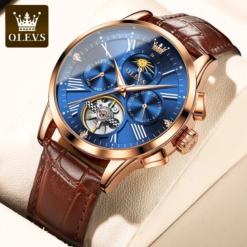 OLEVS Men's Watch Mechanical Watches Men Automatic Wind up Waterproof Skeleton Gold Watch for Men Luxury Gift Box Set