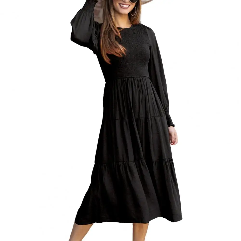 

Женское платье с длинными рукавами-фонариками, плиссированное однотонное платье средней длины с круглым вырезом, высокой талией и эластичными манжетами в стиле ретро, для выпускного вечера