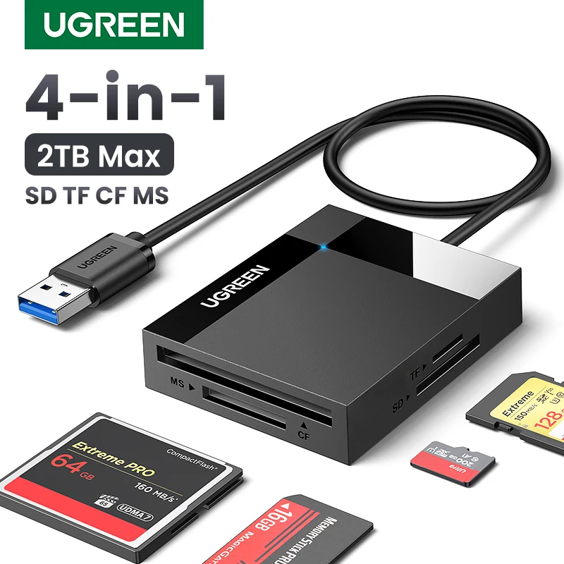 UGREEN Card Reader 4-in-1 USB3.0/USB-C SD Micro SD TF CF MS Compact Flash Card Adapter for Laptop PC Multi OTG Smart Card Reader