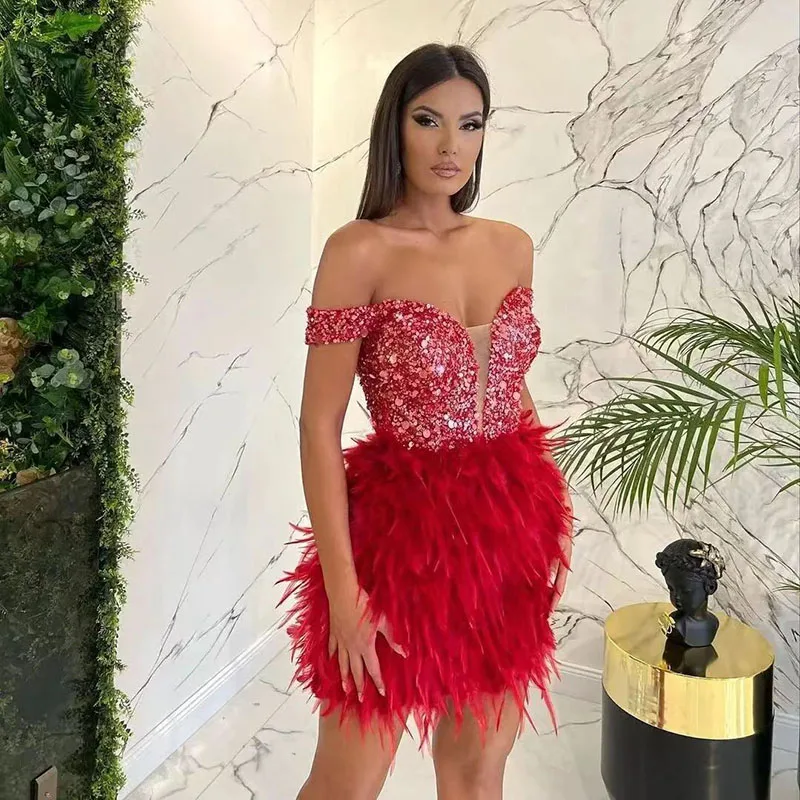 Sequin Feathers Mini Skirt Dress Women Off Shoulder Sexy Shiny Luxury Evening Prom Party Dresses Female 2022 Summer New