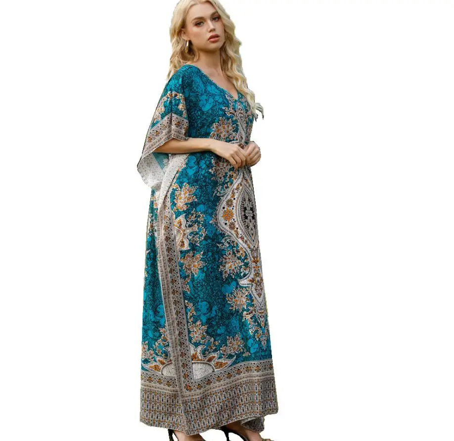 

Women'S Fashion Beach Holiday Dress Summer Printing V Neck Ethnic Dress Kaftan Ethnic Maxi Dress Sexy Vestido Mujer Robe Femme