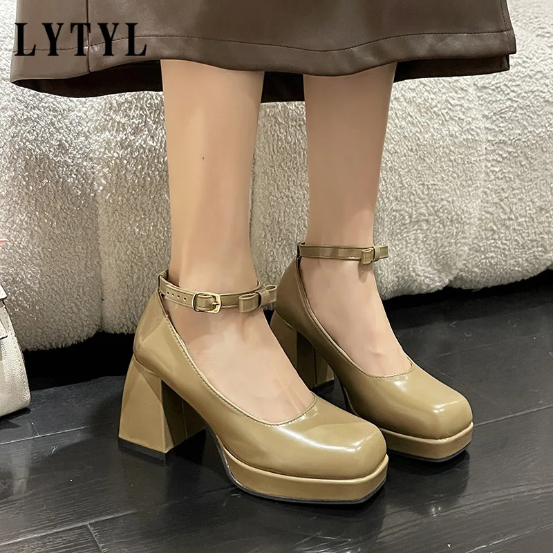 

2023 New Gothic High Heeled Shoes Women Pumps Korean Version Thick with Square Head Retro Mary Jane Women's Shoes Traf B2-68