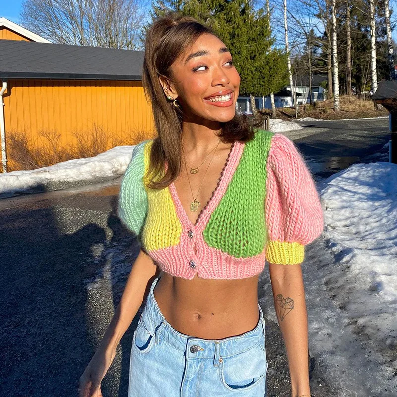 

Y2K Tops Knitted Patchwork Sexy 2021 Crop Top Women Short Sleeve V Neck Casual T Shirts Koeran Fashion Summer Cardigan Sweet