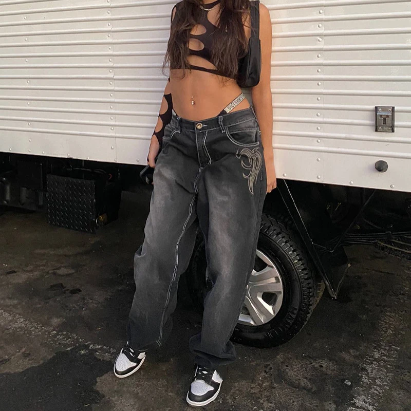 

90S Aesthetic Harajuku Y2K Women'S Jeans High Waist Wide Leg Bottoms Vintage Blue Stacked Trousers For Girls 2021 Spring Autumn