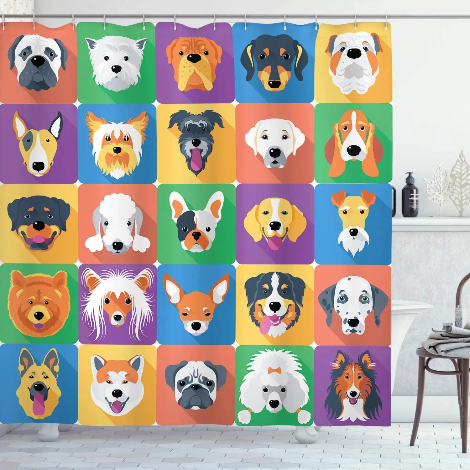 

Dog Shower Curtain Dog Breeds Profiles Pets Shepherd Terrier Labrador Domestic Animals Illustration Fabric Bathroom Decor Set