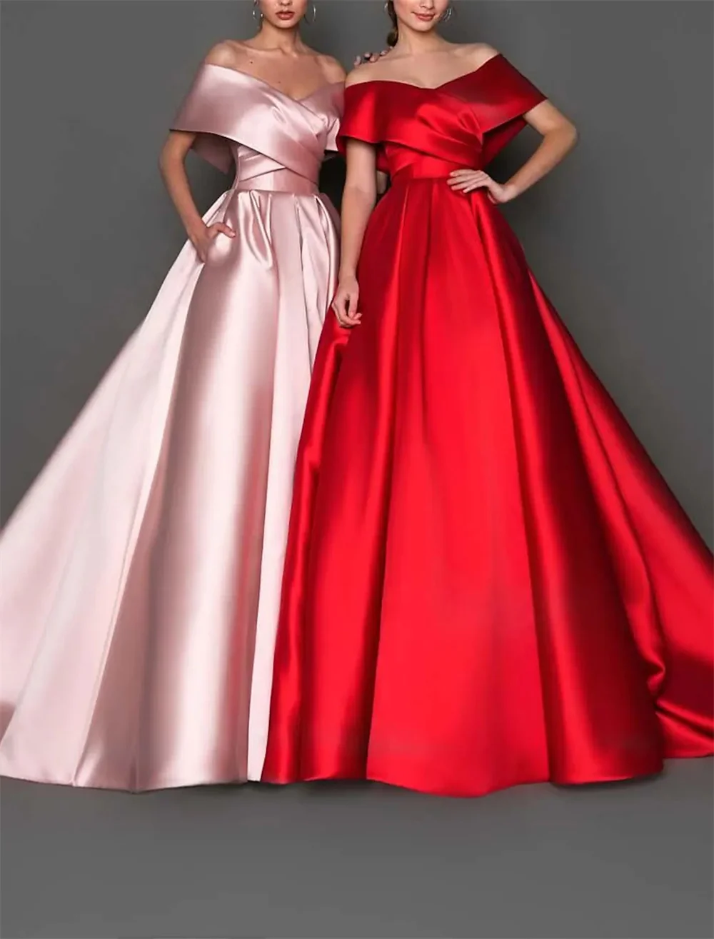 

Ball Gown Minimalist Princess Quinceanera Formal Evening Dress Off Shoulder Short Sleeve Court Train Satin with Pleats Pure Colo