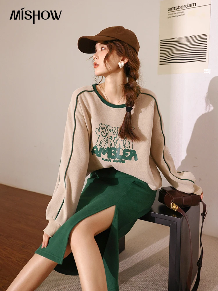 MISHOW Autumn Winter 2022 Two-piece Set Women Letter Casual O Neck Tops Elastic Waist Side Split Skirt Fashion Suit MXB33T0535