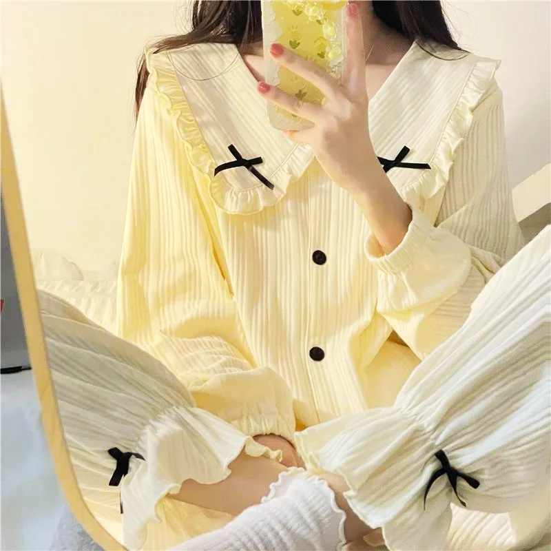Spring Pajamas Set Full Sleeve Tops Long Pants Sexy Lace Bow Pyjama Big Size Homewear Cozy Sweet Sleepwear 2Piece/Set