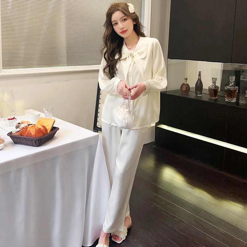 2023 Spring and Autumn New Women's Ice Silk Pajamas Solid Color Bow Long Sleeve Trousers Suit Homewear