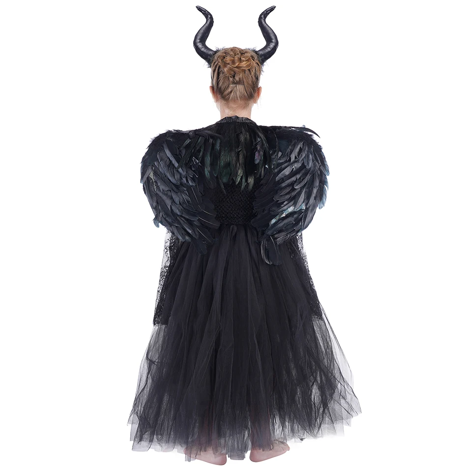 Halloween Costume For kids Maleficent Dress Deluxe Girls Fancy Feather Shawl Glam Gown Tutu Dress Kids Demon Queen Witch Clothes