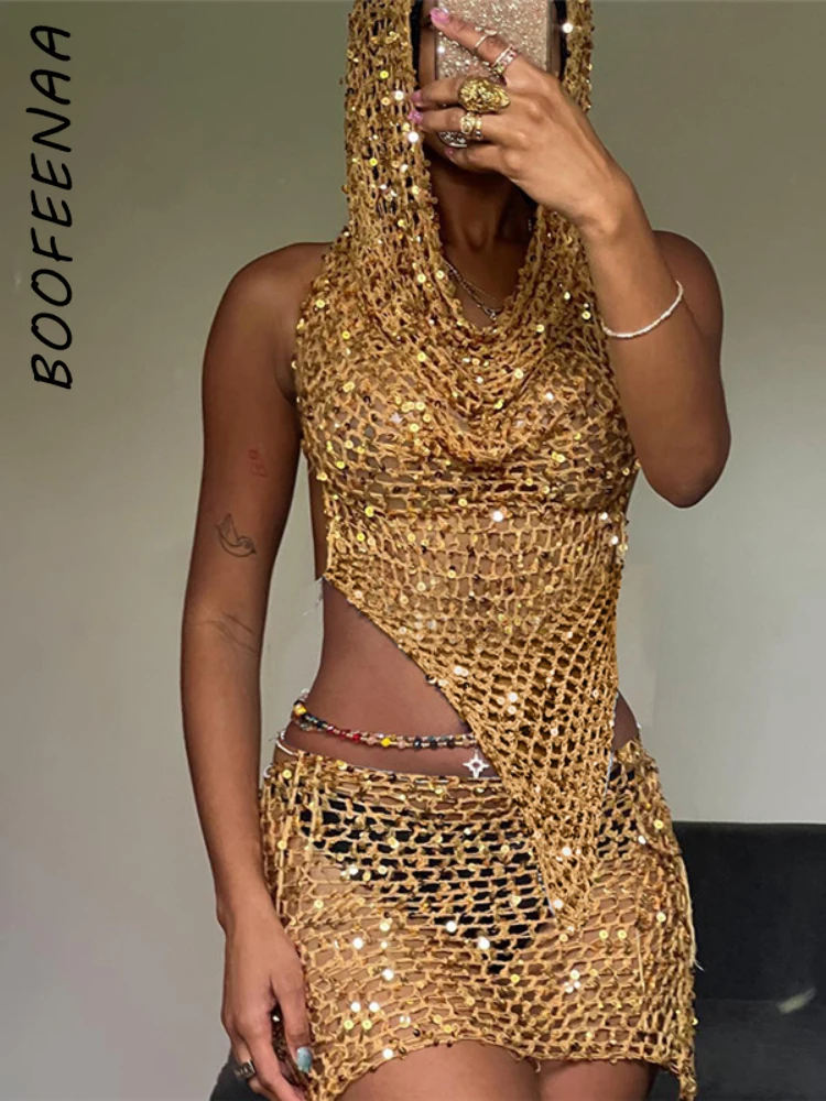 

BOOFEENAA Y2k Sexy Two Piece Set Hollow Out Knit Sequin Hooded Crop Top and Mini Skirt Crochet Rave Outfit for Women C87-FZ21