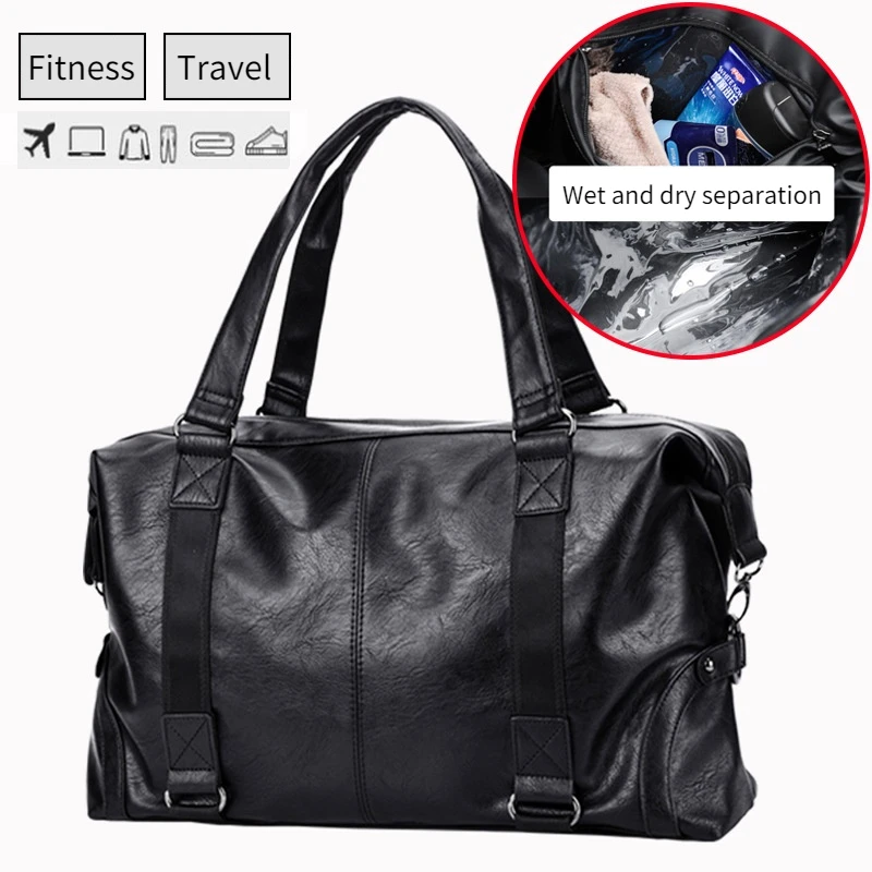 2022 Hot Men Quality Leather Travel Bags Carry on Luggage Bag Handbag Casual Large Weekend Bag Wet and Dry Separation Gym Bag