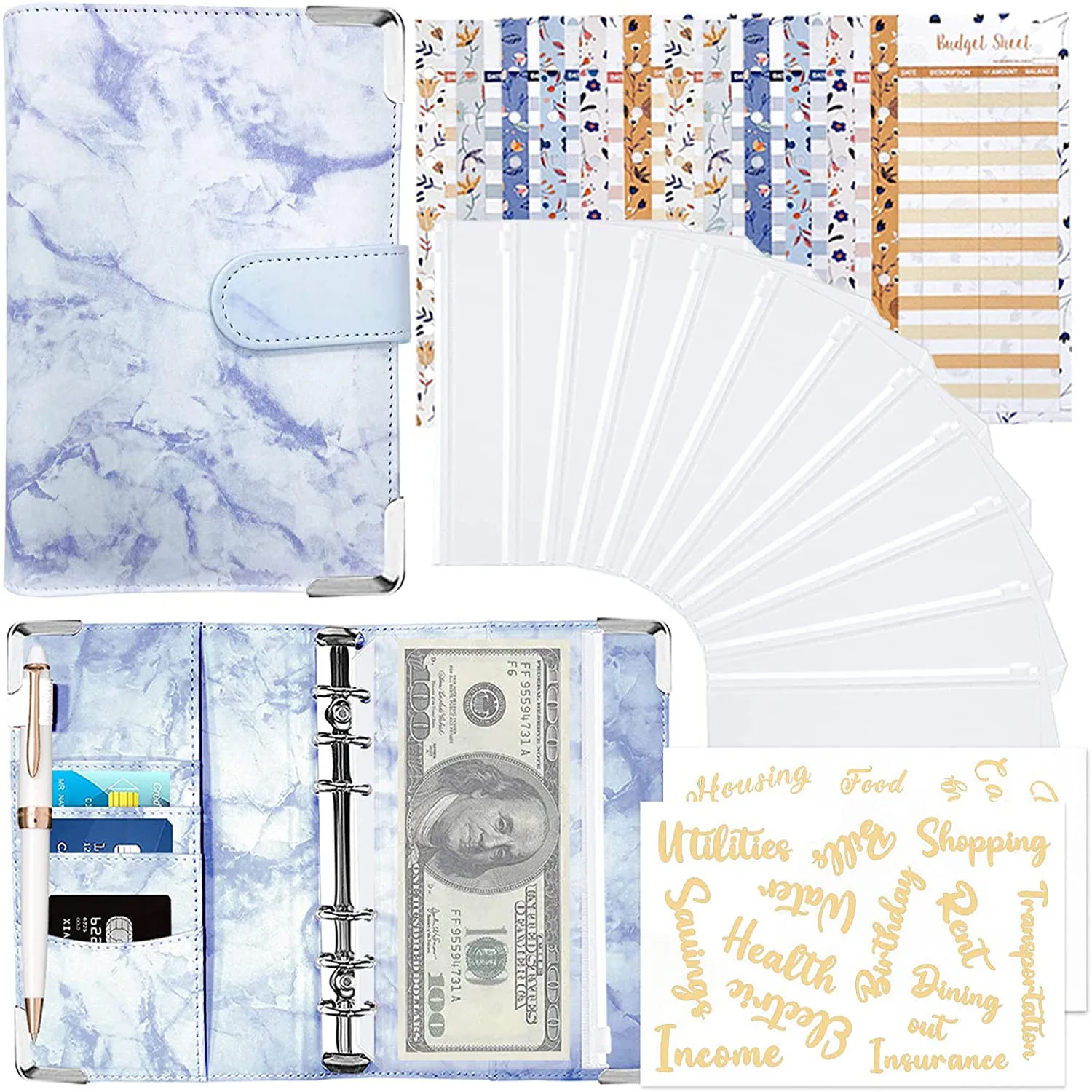 

A6 Marble PU Leather Notebook Budget Binder Wallet, with Budget Sheets,Cash Envelopes,Planner Organizer for Budgeting and Saving