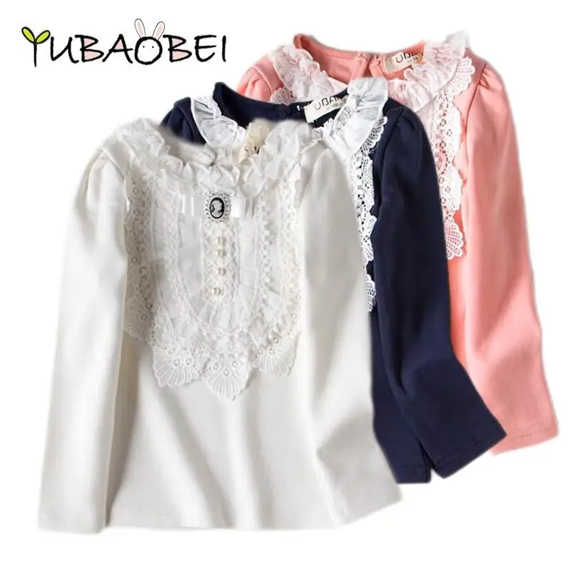 

Весенне-осенняя Кружевная футболка для маленьких девочек, детские модные топы с бантом, футболки, хлопковая блузка, детская повседневная одежда для малышей