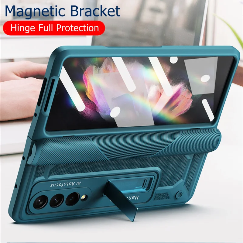

With Screen Glass 360 Armor Hinge Full Protection Case for Samsung Galaxy Z Fold 3 Magnetic Bracket Flip Stand Hard Cover