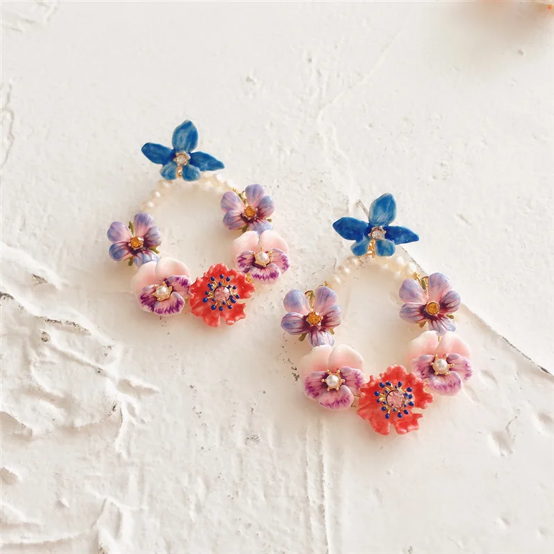 Богемия милый сладкий цветок круглые висячие серьги натуральный жемчуг эмаль