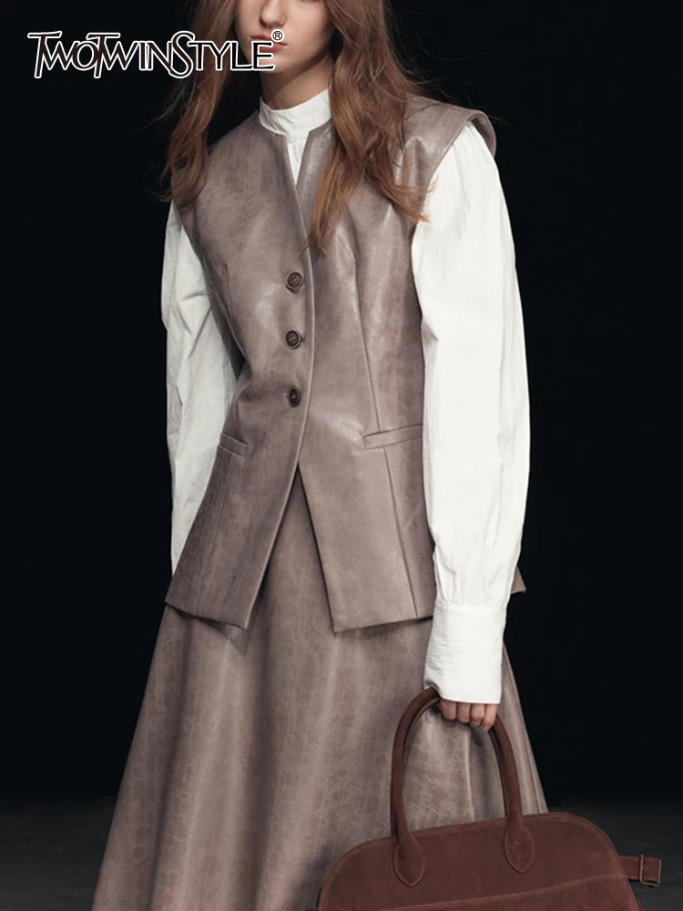 

Женский однотонный кожаный жилет TWOTWINSTYLE, повседневный однобортный жилет составного кроя с круглым вырезом, Туника без рукавов,