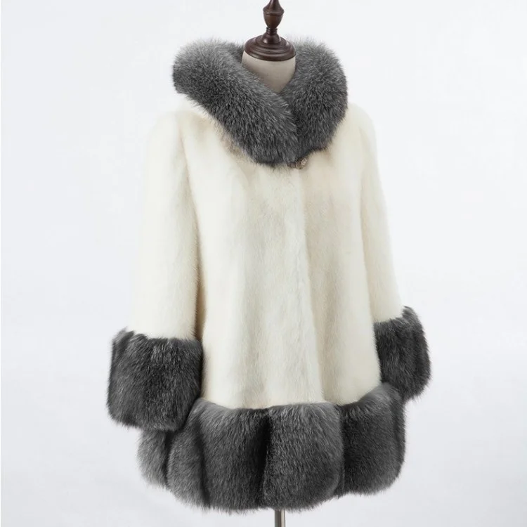ICCLEK Imitation fur coat imitation mink women's coat imitation fox fur collar hooded medium long artificial fur