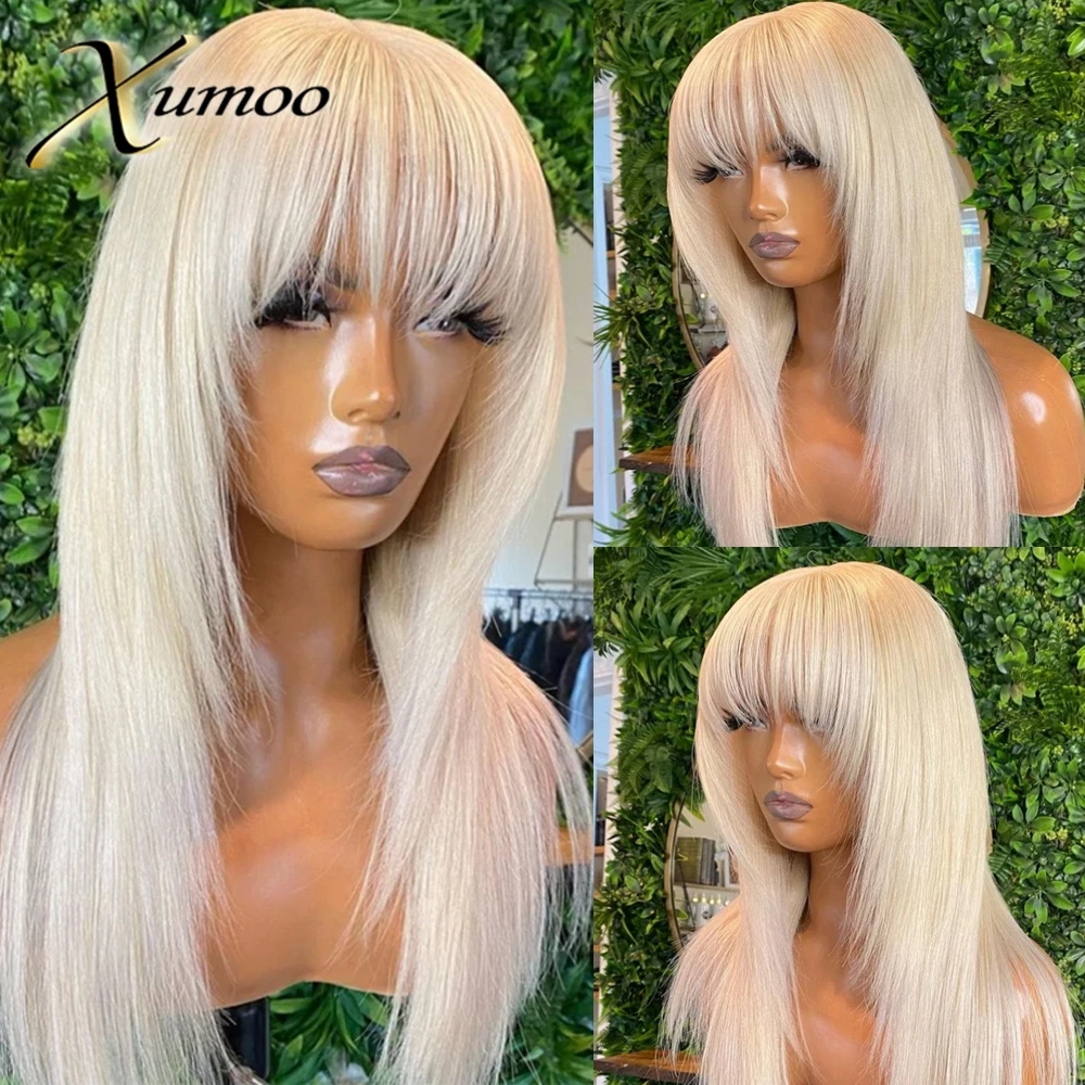 Xumoo Blonde Color 13x4 Transparent Lace Front Wig Straight Wigs With Bangs For Women 613 Colored Human Hair Pre Plucked