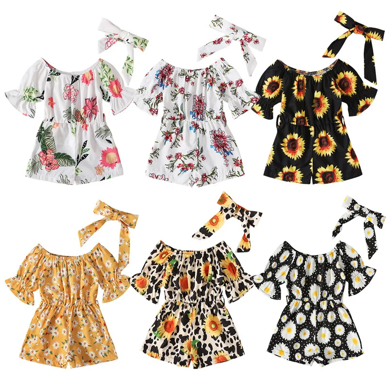 

Summer Girl Floral Jumpsuit + Headband Cotton Mid Flare Sleeve Girls