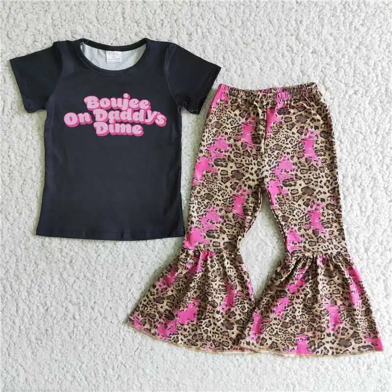 Baby Girl Boujee On Daddy's Dime Kid Black Top Fashion Clothes Set Toddler Outfit Children Leopard Bell Pants Spring Fall Outfit