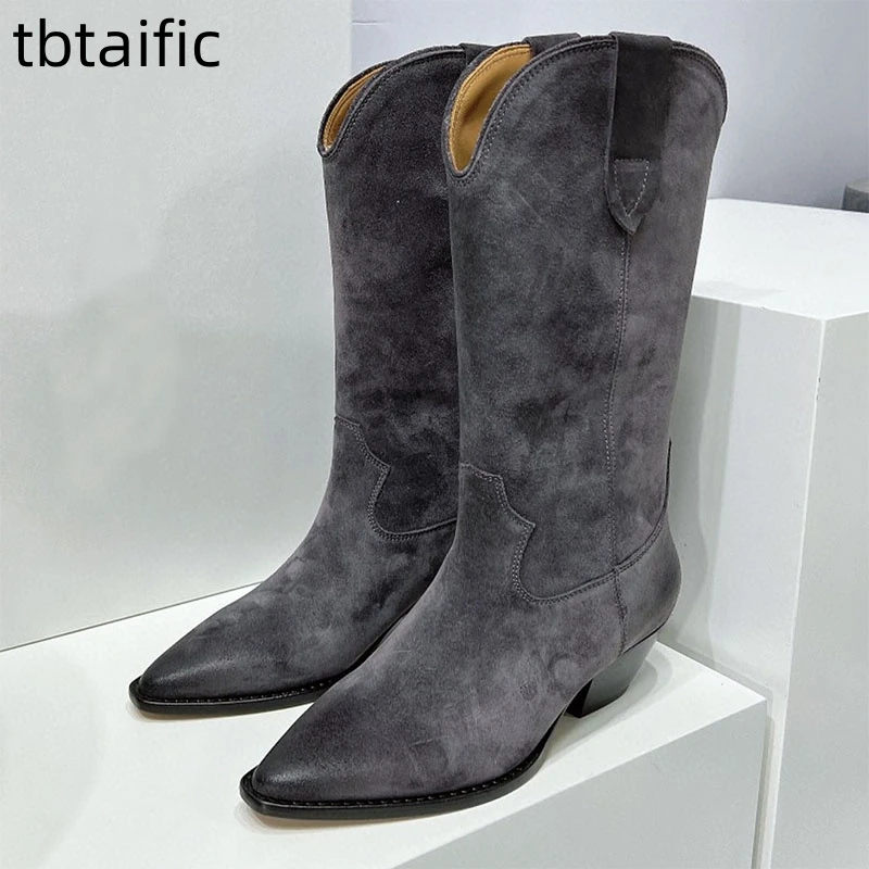 

Cow Suede Leather Long Boots 2023 Classic Women Point Toe Chunky Heel Mid Calf Boots For Woman Retro Cowboy Slip On Botas Mujer