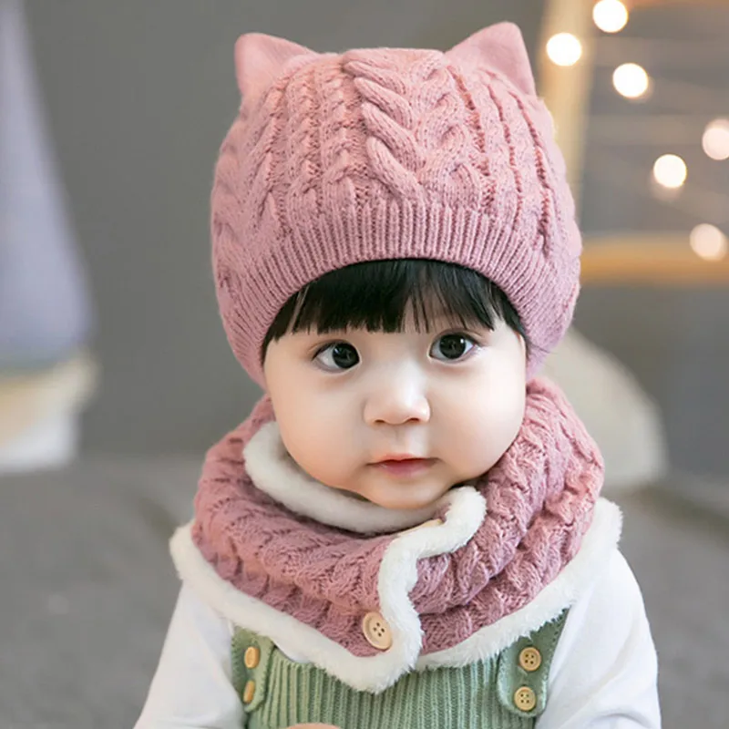 

Woolen Baby Beanie Scarf Set Solid Color Thicken Autumn Winter Warm Pullover Caps Neckerchief Kids Outdoor Ear Protection Hats