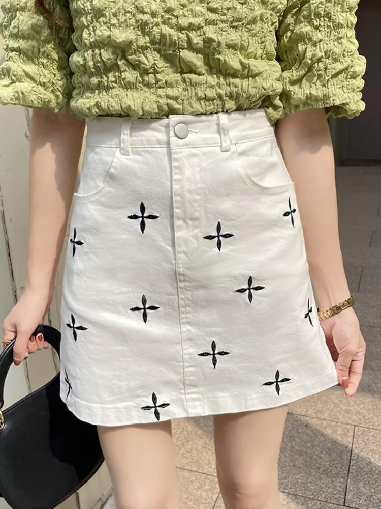 

High Waist Elastic Denim Hip Wrap Skirt With Safety Lining Embroidery Cross Women Summer A-line Office Ladies Skirts