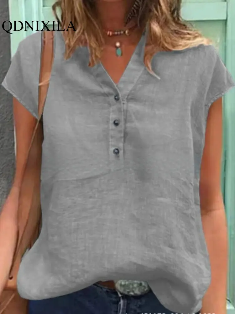 

Женская винтажная рубашка с пряжкой, повседневный свободный однотонный пуловер с коротким рукавом и V-образным вырезом, весна-лето 2023