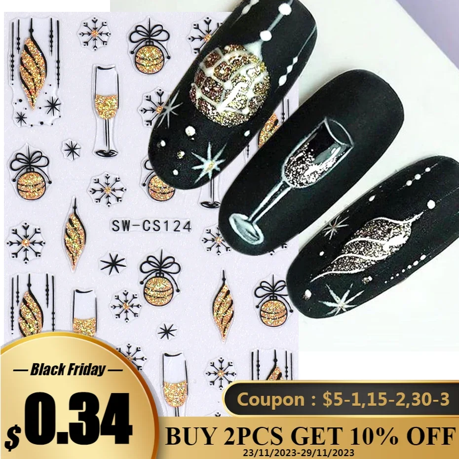 

Black Gold Glitter Christmas Nail Stickers Snowflake Star Bow Bell Wine Glass Gift French Lines Winter Xmas New Year 3D Manicure