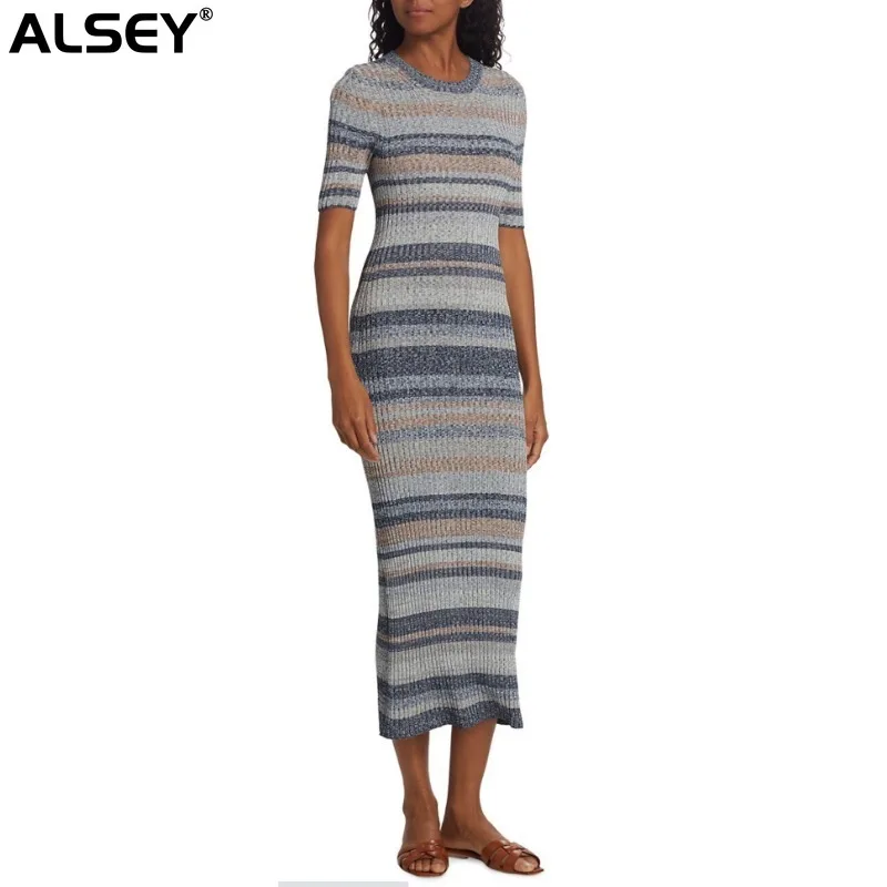 

High Quality Knit Striped Round Neck Short Sleeve Dress Stretchy Comfort Slim Fashion High Waist Office Casual Clothing A05400