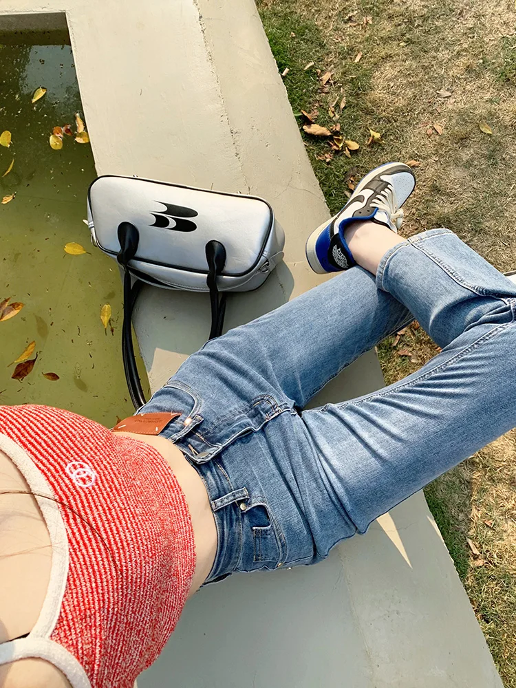 Korean Women's Classic Jeans High Waist Knee Length Straight Leg Pants Fashion Slim Fit Water Wash Women's Denim Pants Girls'