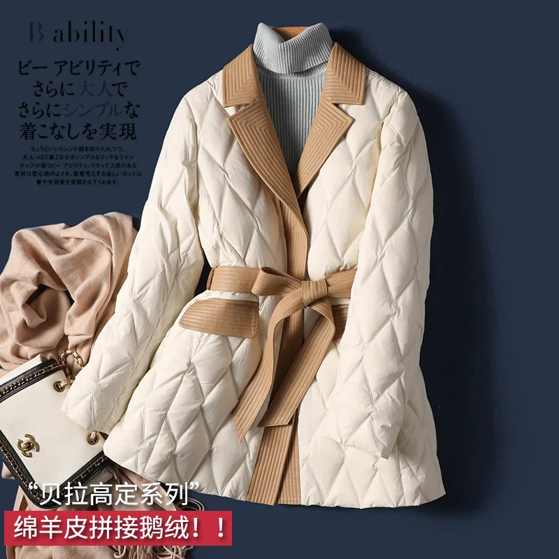 Fashion Design New 90%  White Goose Down  Winter Coat Women Patchwork Sheepskin Casaco Feminino  Luxury  Covered Button Thin