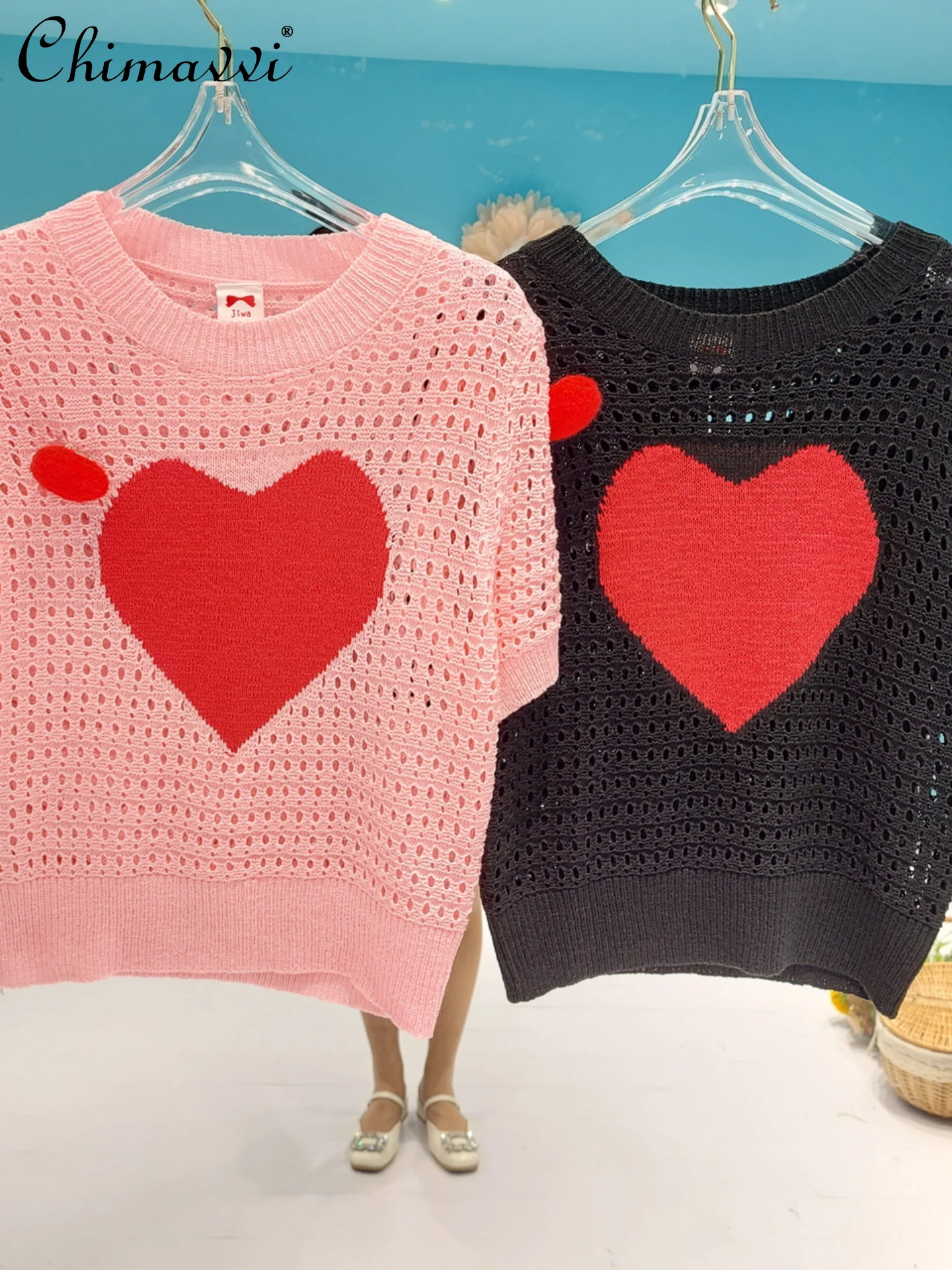 

Korean Fashion Simple Bottoming Top 2022 Summer New 3D Heart Printing Knitted Hollow O-neck Short Women's T-shirt All-matching