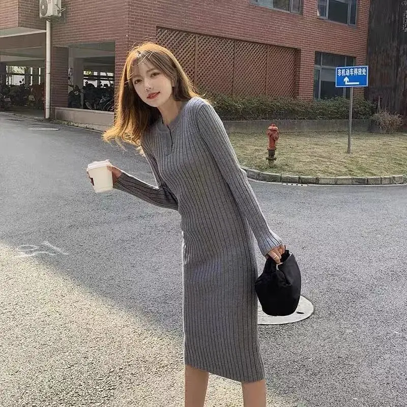 

Women Dress Casual O Neck Loose Women Sweater Dress Elegant Autumn Winter Clothing Long Sleeve Female Knitted Dresses Robe E254