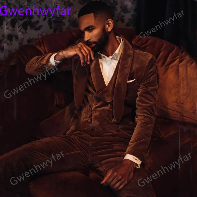

Мужской бархатный костюм с отложным воротником, элегантный коричневый полный комплект из пиджака, брюк и жилета, зима 2022