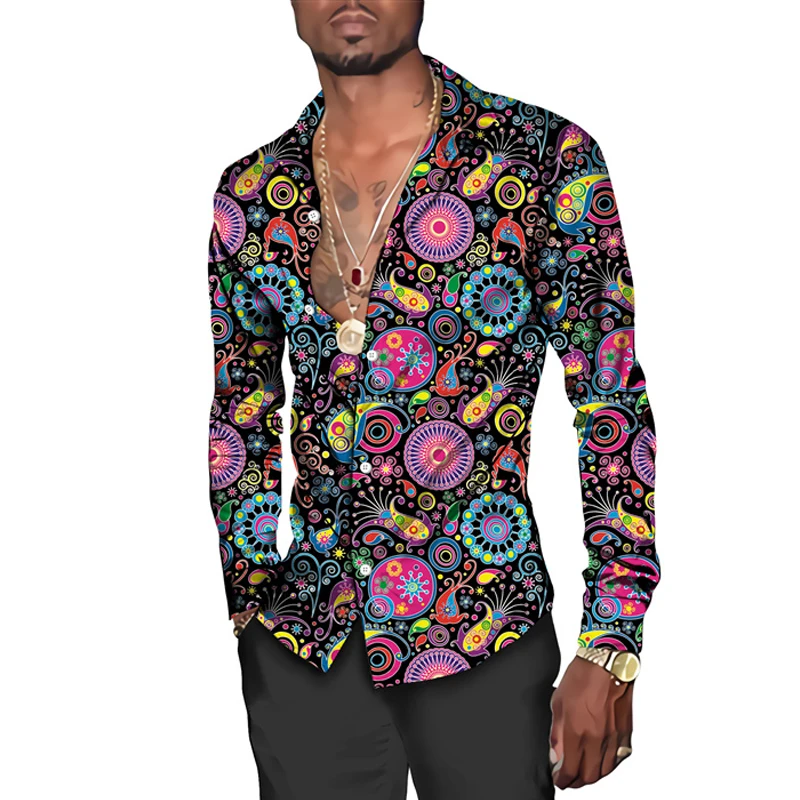 

Fashion Paisley Floral Print Men's Shirts Vintage Style Lapel Button-Up Long Sleeve Tops Hawaiian Shirt Blouses Clothing