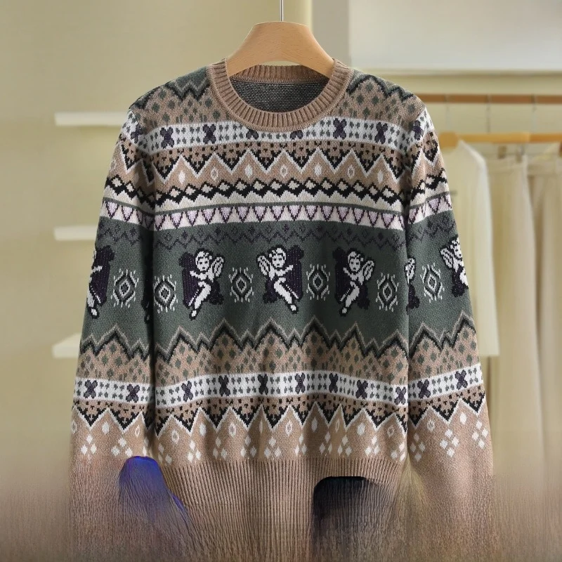 [Yi] Свободный свитер из хлопковой шерсти в стиле ретро с круглым вырезом 2024