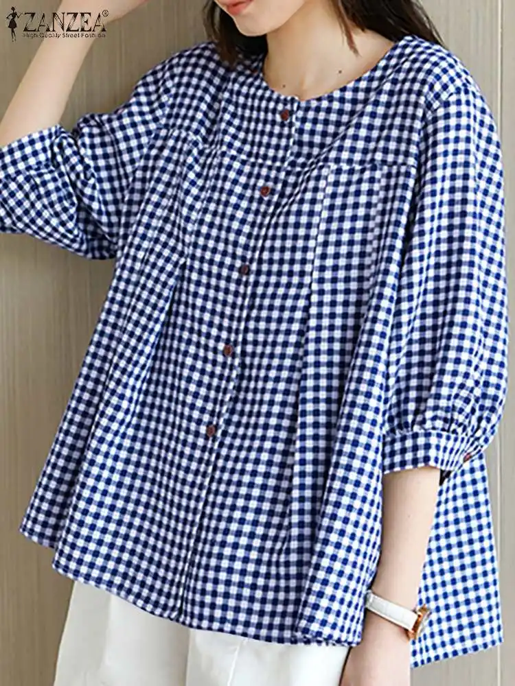 

Autumn Fashion Checked Blouse ZANZEA Women O Neck 3/4 Sleeve Blusas Causal Loose Pleated Tops Vintage Grid Plaid Shirt Oversize