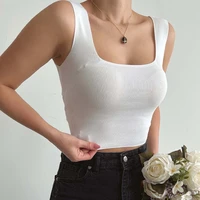 2022 new white square neck knitted women tank top chic ribbed sleeveless cropped knitwear black summer slim female party outfits