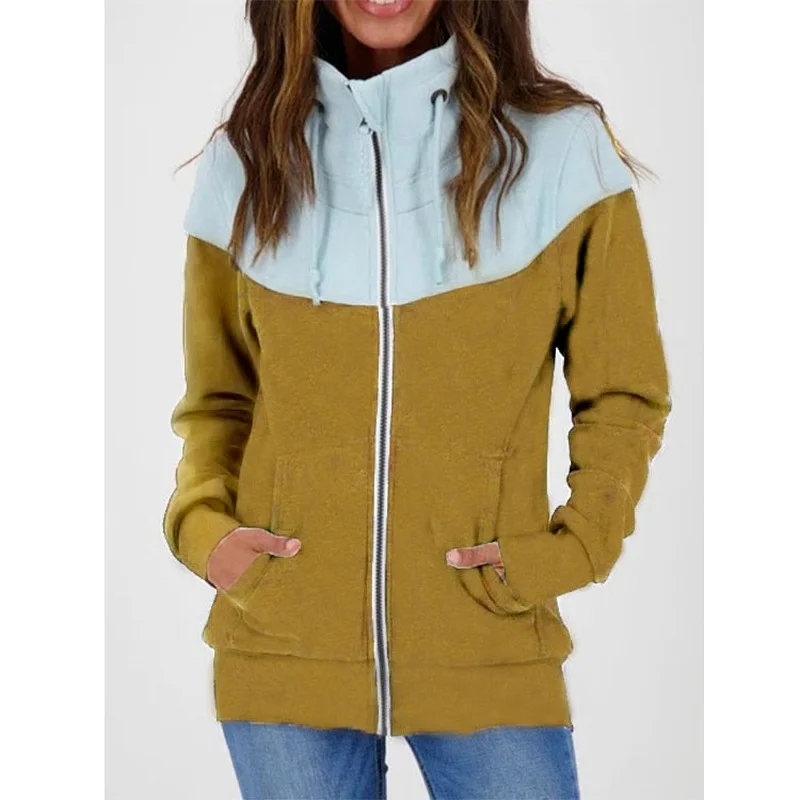 Winter Plus Velvet Jackets Women Patchwork Zip Up Hoodies Sweatshirts Autumn Female Casual Loose Drawstring Hooded Tops Coat
