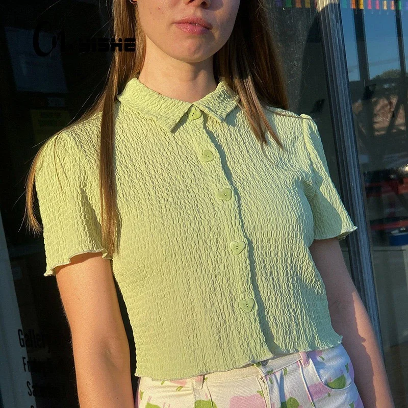 Button T-shirt Streetwear Slim Stand-up Collar Single-breasted Casual Short Sleeve Solid Color Cropped Top Aesthetic Clothes