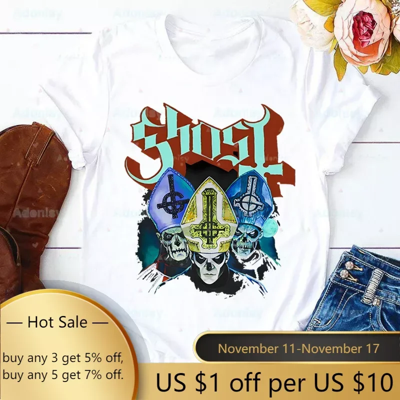 

Женская футболка Ghost Band Hard Rock, повседневные футболки с рисунком призрака из тяжелого металла, хипстерские женские рубашки с коротким рукавом, одежда