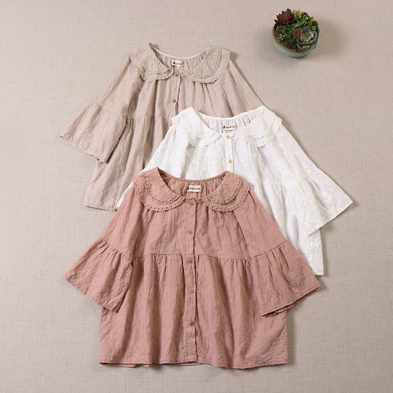 

Summer New Japanese Mori Female Age-reducing Double-layer Doll Collar Full Embroidery Loose All-match Three-quarter Sleeve Shirt