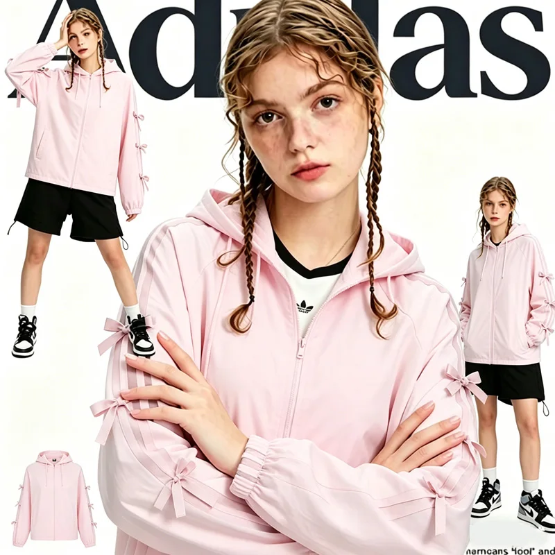 Фото Женская куртка Adidas свободного кроя с капюшоном, спортивная куртка с сетчатыми вставками и тремя полосками KR7602/KR7603 №1