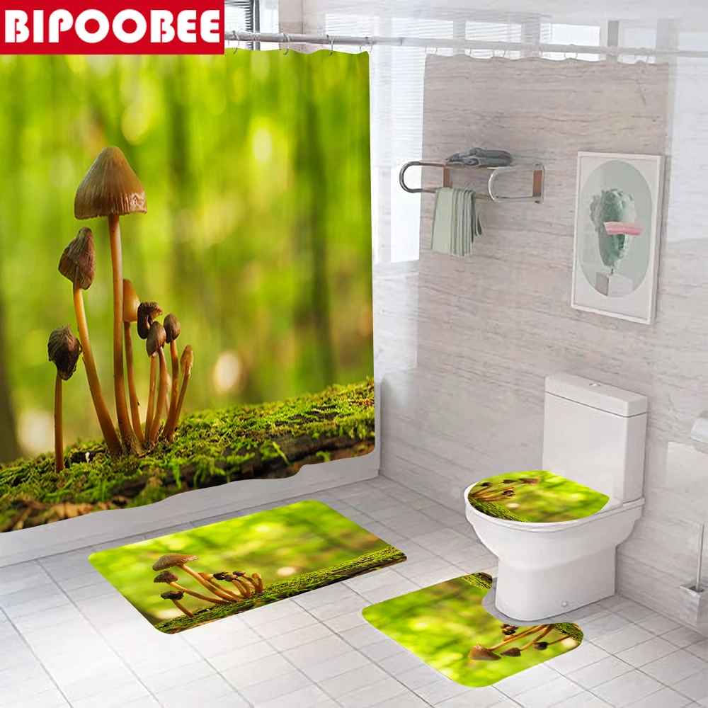 

3D Green Forest Mushroom Print Shower Curtains Toilet Lid Cover Non-slip Carpet Fabric Bathroom Curtain Bath Mats Home Decor