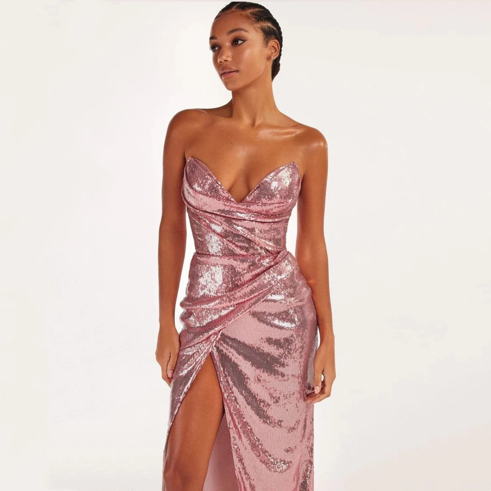 

Новинка лета 2023, женское розовое блестящее платье без бретелек с открытыми плечами и разрезом, облегающее платье до пола, вечернее платье