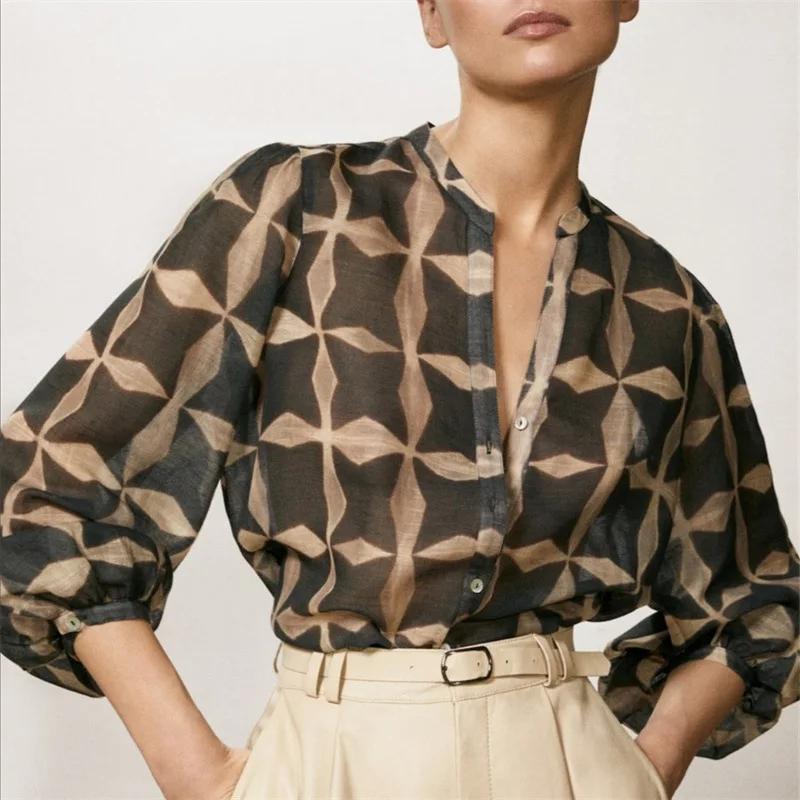 

Spring and Autumn New Women's Tops 2023 Fashion All-match Temperament Simple Cotton Linen Silk Printing Ladies Shirt
