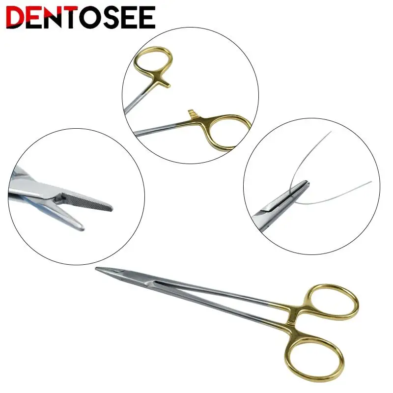 

12.5/14/16Cm Dental Needle Holder Plier Reusable Stainless Steel Gold Plated Handle Orthodontic Forcep Surgical Instrument