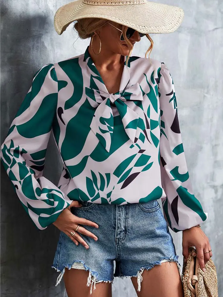 

Spring Vintage Blouse Women Long Sleeve Blouse Shirt Ladies Fashion V Neck Leopard Bow Flower Blouse For Women 2022